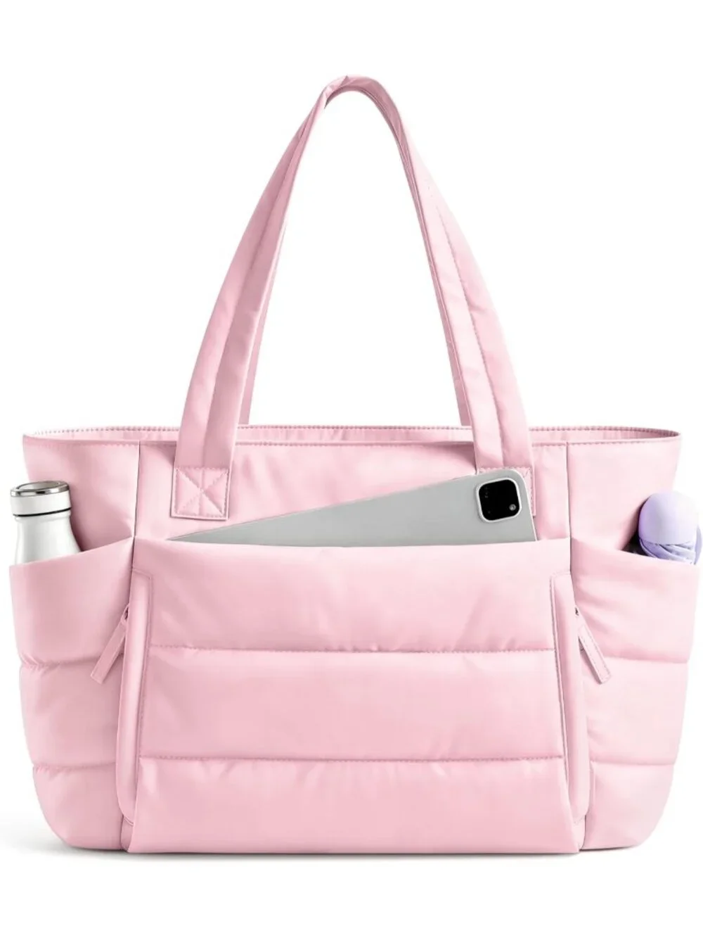 👜Women's Light Pink Quilted Puffer Tote Bag Zipper Work Bag With Compartments